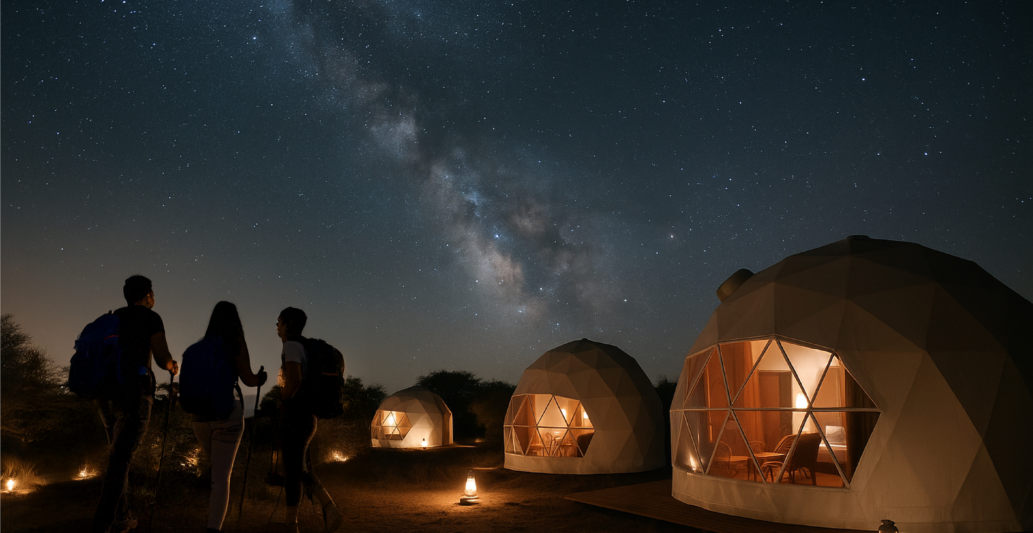 Family adventure with geodesic domes in Saudi Arabia desert landscape