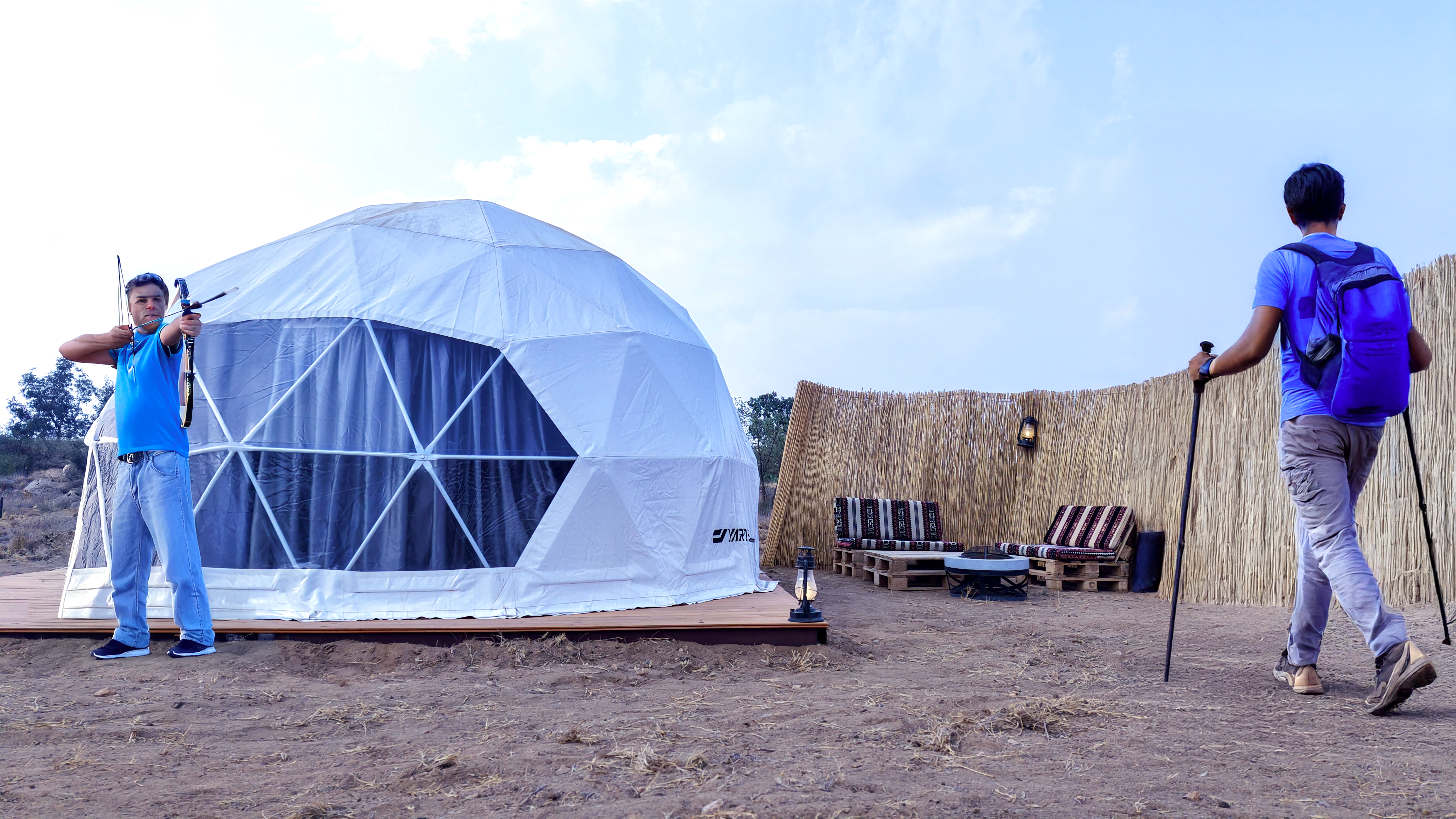 Family adventure with geodesic domes in Saudi Arabia desert landscape
